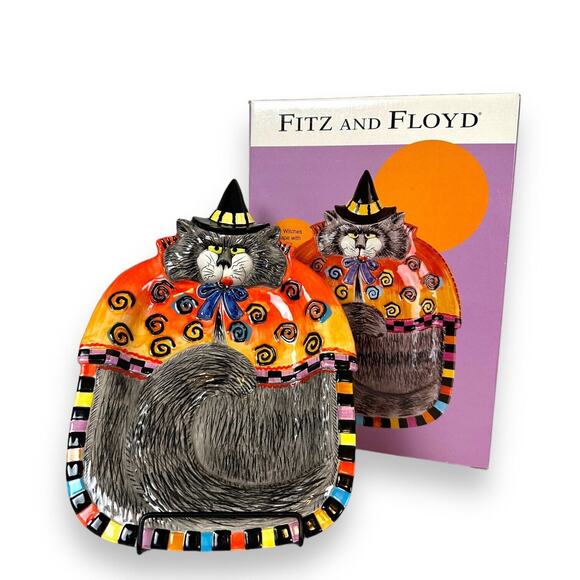 Fitz & Floyd Ceramic Canape Tray Kitty Witches Curly Qs Cat Plate Halloween New - Picture 1 of 14